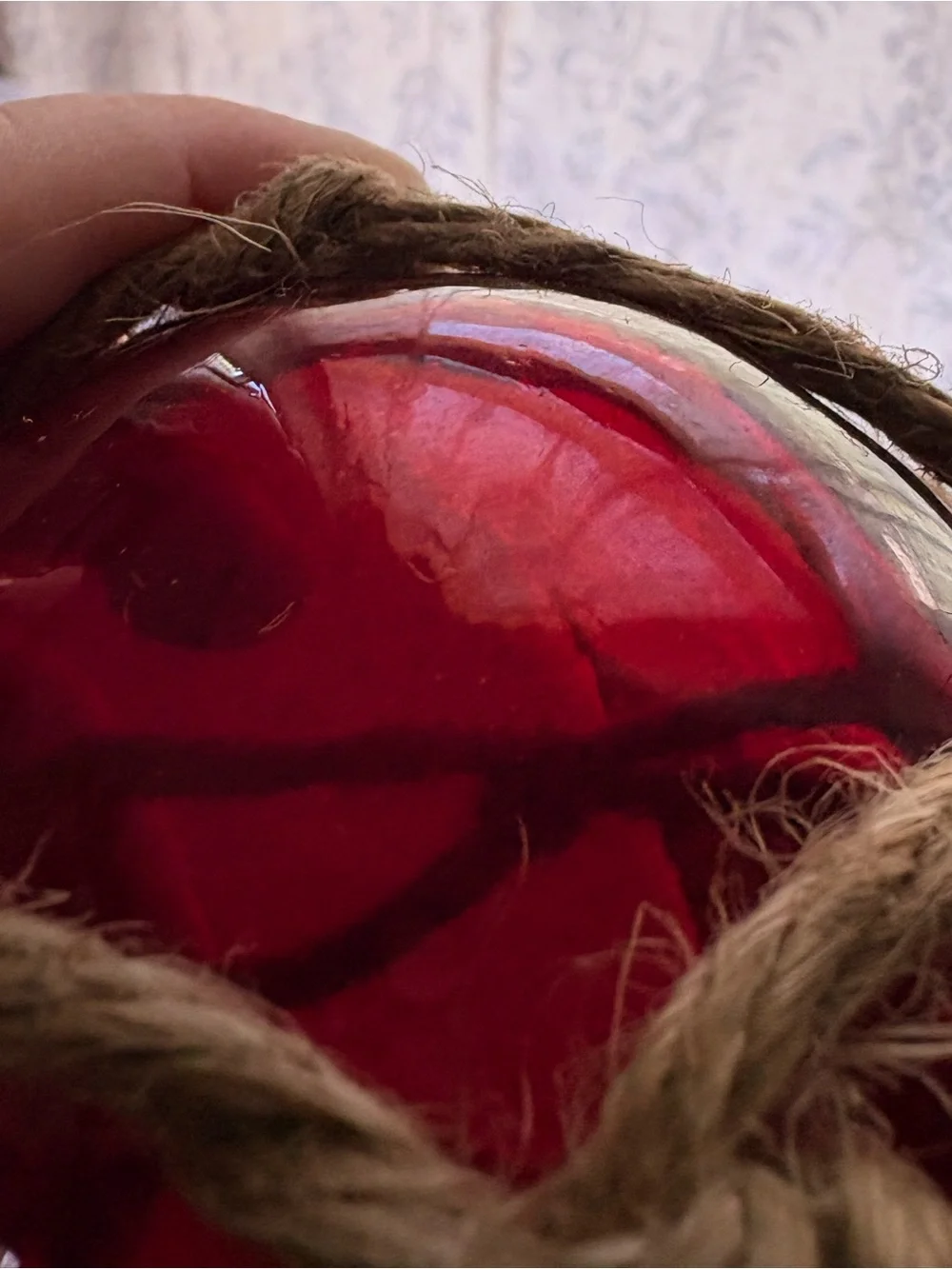 Red Blown Glass Float Ball Tiki Fish Float Jute Irregular Shape Bubbles Pontil 1